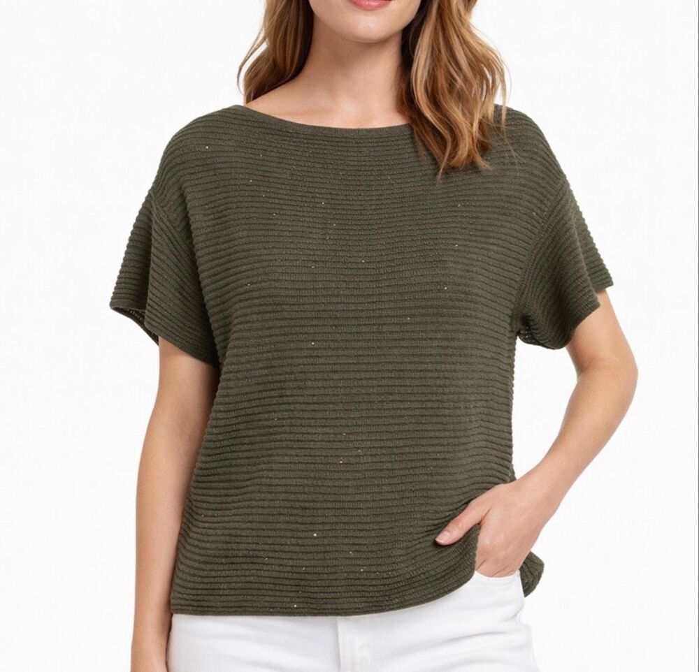 Tommy Bahama $118 Women's Bonita Ribbed Sequin Short Sleeve Sweater Olive M NEW